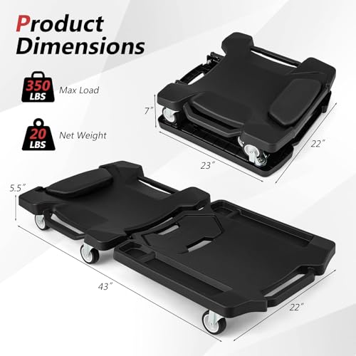 43" Foldable Mechanic Creeper, Heavy Duty Rolling Garage Creeper with Padded Headrest & Tool Trays, Low Profile Automotive Creeper for Garage, Shop & Auto Work Repair, 350 lbs Capacity