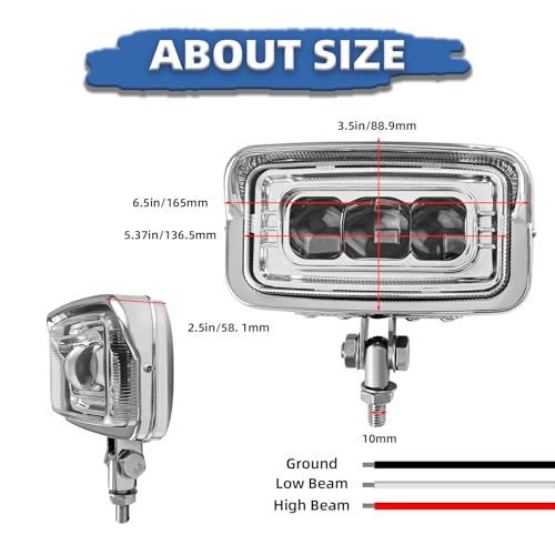 Motorcycle LED Headlight Upgraded Square Front Light With Visor Trim 6.5" x 3.5", Retro High Low Beam Headlamp Bottom Mount Universal Fit Chopper Bobber Cafe Racer Harley Sporsters - Chrome - size: HL-1125-CH
