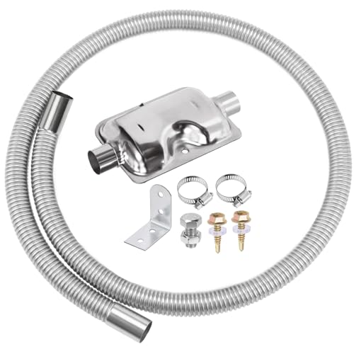 Swpeet 8Pcs 1" x 47"- 25mm x 120cm Stainless Steel Diesel Heater Exhaust Pipe and Exhaust Silencer Muffler with 18mm-29mm Hose Clamps Kit, Fuel Tank Diesel Gas Vent Hose Exhaust Tubing for Car Vehicle - size: 120cm With Exhaust Muffler