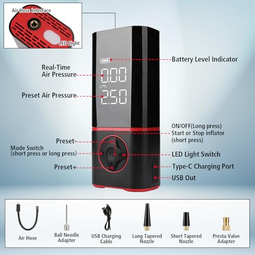 KITLUCK Portable Air Compressor, Tire Inflator with Digital Gauge, 2000mAh Rechargeable Battery, 150 PSI, for Car Tires, Bike, Motorcycle, Balls, Air Mattress, Includes LED Light & Multiple Nozzles