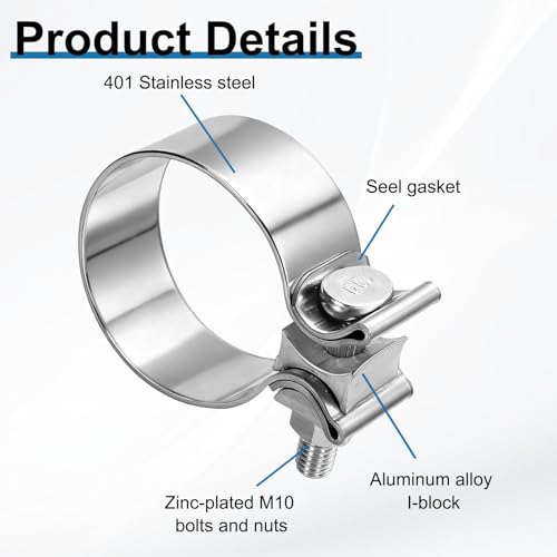 HARFINGTON 410 Stainless Steel Exhaust Clamp 2.36" Butt Joint Narrow Band Muffler Seal Exhaust Narrow Lap Butt Clamps for Pipes Mufflers Converters System Repair, Silver - size: Range 60-68 mm, Band Width 29mm