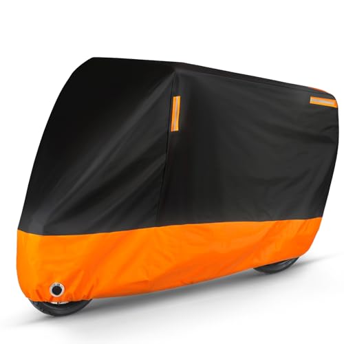 Puroma Motorcycle Cover Heavy Duty Scooter Cover Waterproof Outdoor All Season Universal Weather Quality Protection with Night Reflective, Lock Hole and Storage Bag Fits up to 86.6" Motorcycle Vehicle - color: Orange & Black, size: 86.6'' L x 37'' W x 43'