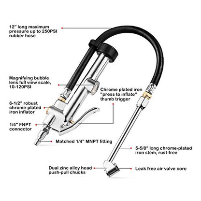 CZC AUTO Tire Inflator Air Pressure Gauge with Rubber Hose, 10-120PSI