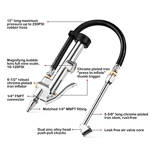 CZC AUTO Tire Inflator Air Pressure Gauge with Rubber Hose, 10-120PSI