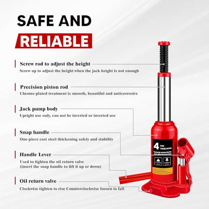 Hydraulic Bottle Jack with Carrying Case, 4 Ton (8,818 lb) Capacity, 7.7-15 inch Lifting Range, Muti-Directional Welded Bottle Car Jack for Car, Truck, RV, Pickup Truck, Auto Repair - size: 4 Ton