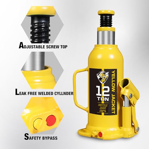 YELLOW JACKET 12 Ton Muti-Directional Welded Bottle Jack (24,000lb), Horizontal Bottle Jacks Use for Car, Pickup, Truck, RV, Auto Repair, Hydraulic Bottle Jack, Yellow - size: 12 ton muti-directional