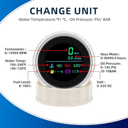 MH 6-in-1 Digital Gauge- Tachometer (0-19999 RPM), Hour Meter, Water Temp (℉/℃), Fuel Level, Oil Press (PSI/BAR), Voltage (0-99.9V) - 85mm AUTO Boat Gauge for Car Truck