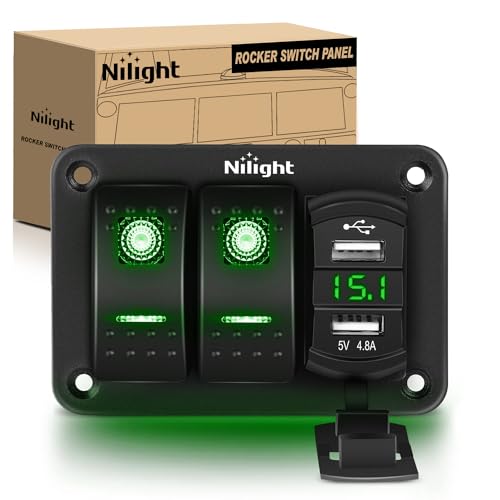 Nilight 2 Gang Rocker Switch Panel with Dual USB Socket Voltmeter - color: Green, size: 3 Gang Dual USB