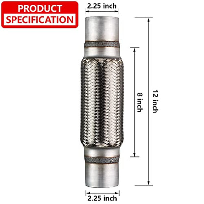 2 Pcs Exhaust Flex Pipe, 2.25''x 8''Stainless Steel Heavy Duty Exhaust Flex Pipe, Double Braid Exhaust Flex Tube, Overall Length 12'' - size: 2.25''x8''x12'', style: 2 PCS