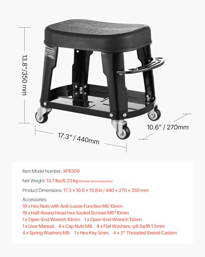 VEVOR Mechanic Stool, 300 lbs Capacity, Black, Industrial Style, Plastic Seat, Wheels, 360 Swivel, Tool Tray, Screwdriver Rack
