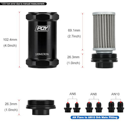 AN6 AN8 AN10 Inline Fuel Filter E85 Ethanol with 100 Micron Stainless Steel Element Black - size: AN6 AN8 AN10 - 100 Micron