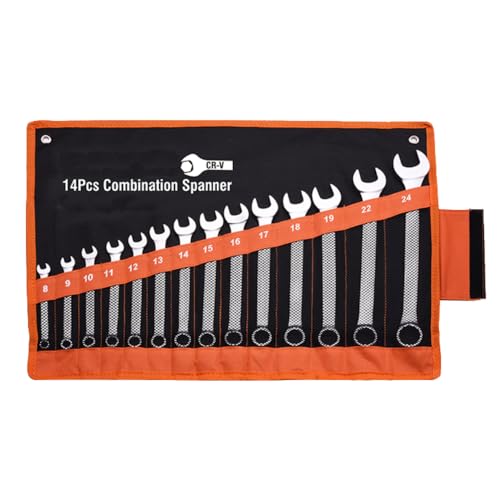 Edward Tools Pro Combination 14 Piece Wrench Set Metric - Heavy Duty CR-V Steel - 8mm to 24mm - Vanadium Steel - Matte Chrome Plated Finish - Anti Rust - 12 Point Opening - Organizer Bag