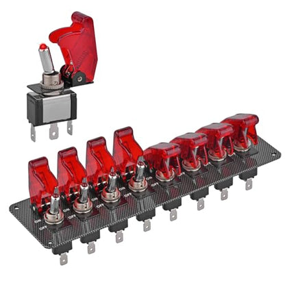 8 LED Racing Car Toggle Switch Panel 12V DC, Carbon Fiber Coated Aluminum Plate, Safety Cover Protection, Suitable for car, Truck, Ship Modification (8 Red Switches) - color: Red
