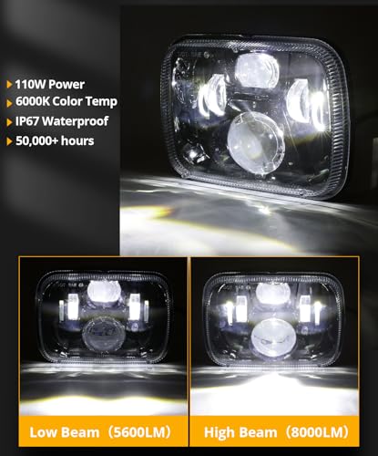 Auxbeam 8000LM 5x7 7x6 LED Headlights For Jeep XJ Cherokee Wrangler, Black - color: Black