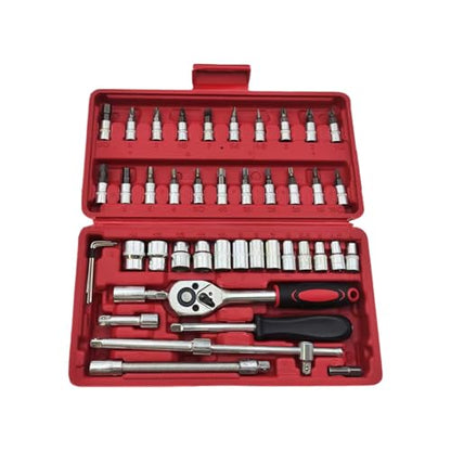 LAINLOY 46PCS 1/4 Inch Drive Socket Set, Mini Ratchet Wrench Set with Storage Case, Professional Tool Set with Bit Socket Set Metric and Extension Bar, Fits Car Repairing and Household (Red)