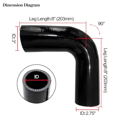 2.75"-3" 90 Degree Reducer Silicone Elbow Coupler 8" Leg Length - size: ID: 2.75" to 3" (70mm to 76mm)