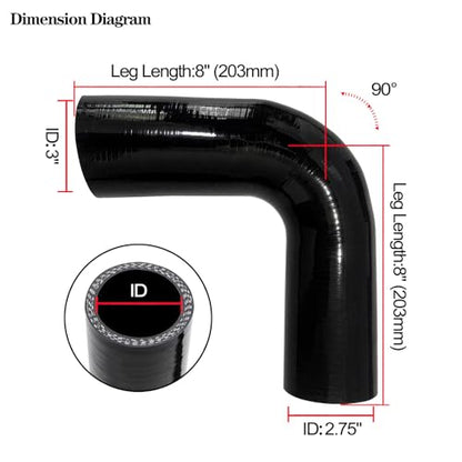 2.75"-3" 90 Degree Reducer Silicone Elbow Coupler 8" Leg Length - size: ID: 2.75" to 3" (70mm to 76mm)