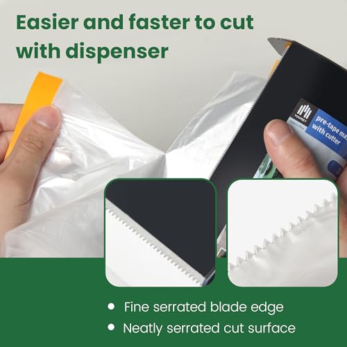 Voomey Pre-Taped Masking Film with Dispenser, Painters Tape with Plastic Attached, Automotive Painters Tape and Drape for Appliances, Furniture, Wood Surfaces & DIY Projects - 8ft x 49ft - size: 2400mm*15m, style: Dispenser System