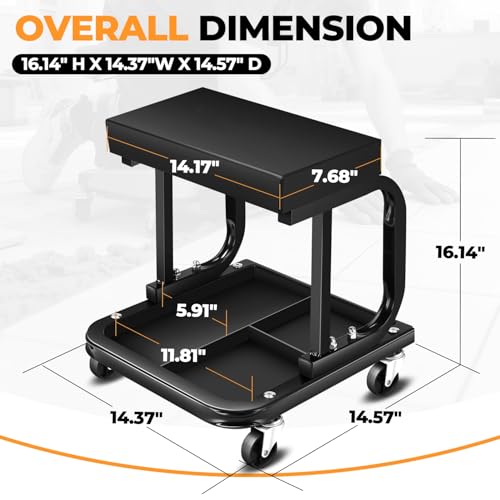 Auto Dynasty Rolling Mechanic Stool, Padded Shop Seat, w/Tool Tray, Black