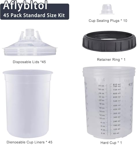 Disposable Paint Cups for Automotive Paint Gun, HVLP Paint Spray Gun 27 Ounce (800ml) Kit with 50 Cups and Lids Systerm, 1 Hard Cup with Retainer Ring and 10 Plugs - size: 27 Ounce Kit