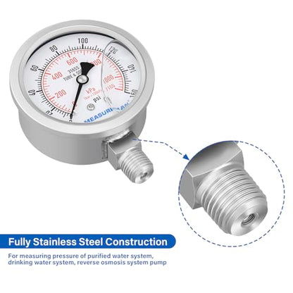 MEASUREMAN Fully Stainless Steel Hydraulic Glycerin Filled Pressure Gauge, 2-1/2" Dial Size,0-160psi/kpa,1/4" NPT Lower Mount - size: 0-160 psi, style: Lower Mount(100% Stainless Steel)