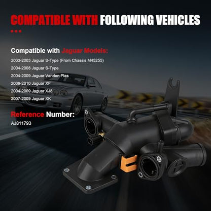 Engine Coolant Thermostat Housing Assembly Compatible with Jaguar S-Type 2003-2008,Vanden Plas,XJ8 2004-2009,XF 2009-2010,XK 2007-2009,Replaces#AJ811793 - size: AJ811793