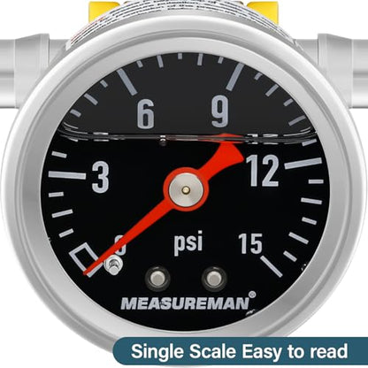 MEASUREMAN 0-15 Psi Glycerin Filled Fuel Pressure Gauge, 1.5” Dial, 304 Stainless Steel Case, 1/8” NPT Center Back Mount, with 3/8” Fuel Line Adapter, Copper Tube & Fittings, Red Aluminum Pointer - size: 0-15 psi, style: Back Mount (7 Pieces Kit Black)
