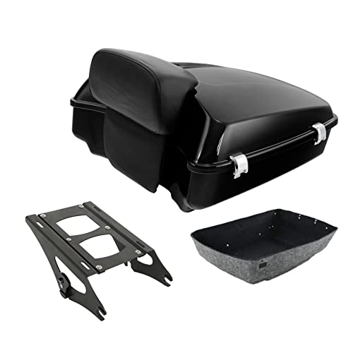 TCT-MOTORPARTS Chopped Tour Luggage Trunk Backrest Mount Bracket Rack Fit for 2014-2025 Harley Road Glide Street Glide Special Ultra Limited Road King Electra Glide - color: Vivid Black Chopped Trunk+Black Rack