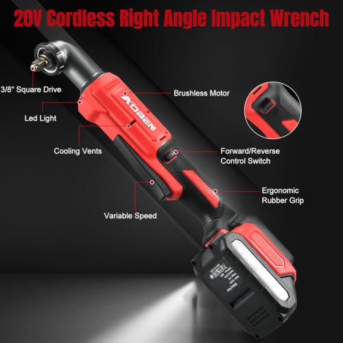 AOBEN 3/8" Brushless Right Angle Impact Wrench for Auto Repair &Tight Space - color: Venetian Red