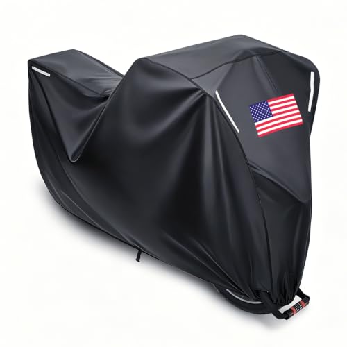 PBYMT Motorcycle Cover Waterproof Outdoor, Universal All Weather Protection with Reflective Strips for Night Safety Lock Holes American Flag Fits up to 96"