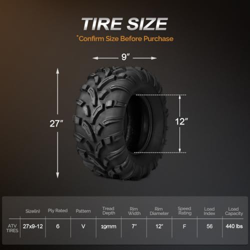 TUFFIOM Set of 2 ATV UTV Tires, 27x9-12, 6PR All-Terrain Mud Tires with Directional Tread, Drainage, Strong Srip and Snow-breaking for Rainy/Snowy Areas, Tubeless Trail Tire - size: 27x9.00-12 (2 pack)