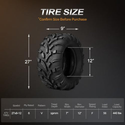 TUFFIOM Set of 2 ATV UTV Tires, 27x9-12, 6PR All-Terrain Mud Tires with Directional Tread, Drainage, Strong Srip and Snow-breaking for Rainy/Snowy Areas, Tubeless Trail Tire - size: 27x9.00-12 (2 pack)