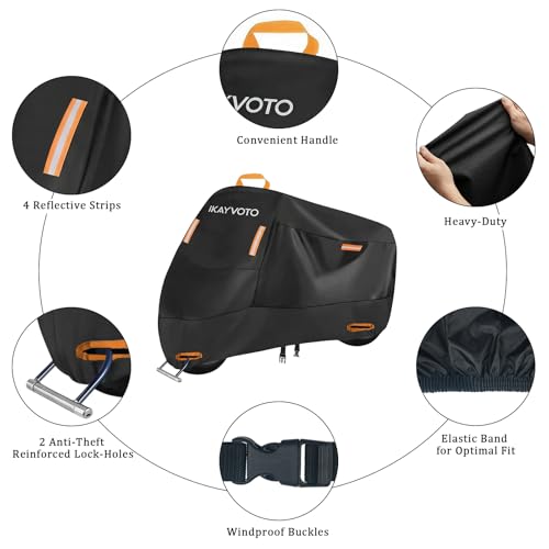 Motorcycle Cover 420D Heavy Duty | All Season Waterproof Outdoor Weather Sun Rain Protection Powersports Vehicle Cover | with 4 Reflective Tape, Lock-Holes, Storage Bag fits up to 96.5" - size: 96.5"