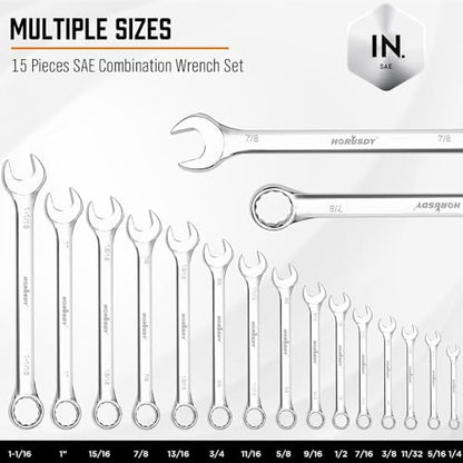 HORUSDY 15-Piece SAE Wrench Sets, Premium Combination Wrench Set Metric 1/4in-1 in, Max Torque, 12-Point, Chrome Vanadium Steel, with Storage Rack - style: 15pcs SAE Combination Wrench Set