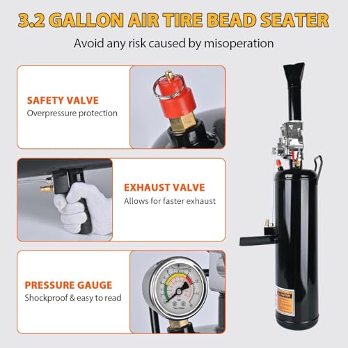 3.2Gal/12L Tire Bead Seater, 145 PSI Portable Tire Inflator, Handheld Trigger Seating Inflator for Tractor, Truck, ATV, Car & Auto Repair, Black