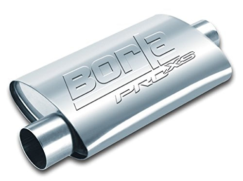 BORLA 40359 ProXS Universal Performance Muffler 3" Offset Inlet / 3" Center Outlet 14" Long body 19" Overall Length Un-Notched Necks Reversible Design T-304 Stainless Steel