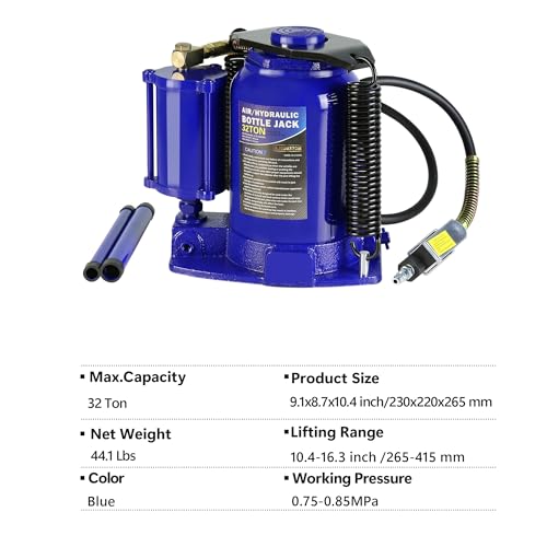 32 Ton Air Hydraulic Bottle Jack with Air-Powered or Manual Operation, One-Piece Hydraulic Cylinder Design, Air Bottle Jack with Independent Air Pump Body and Carry Handle - color: Blue, size: 32 Ton