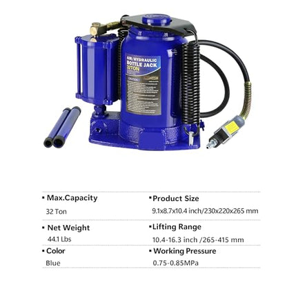 32 Ton Air Hydraulic Bottle Jack with Air-Powered or Manual Operation, One-Piece Hydraulic Cylinder Design, Air Bottle Jack with Independent Air Pump Body and Carry Handle - color: Blue, size: 32 Ton