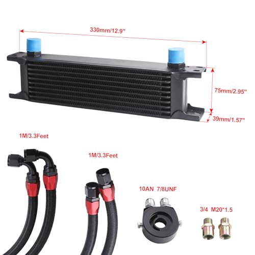 Universal 10 Row Oil Cooler Kit, 10AN Transmission Engine Cooler Kit —Stacked Plate universal racing aluminum engine transmission oil cooler — Engine British Radiator Oil Cooler Condenser （black）