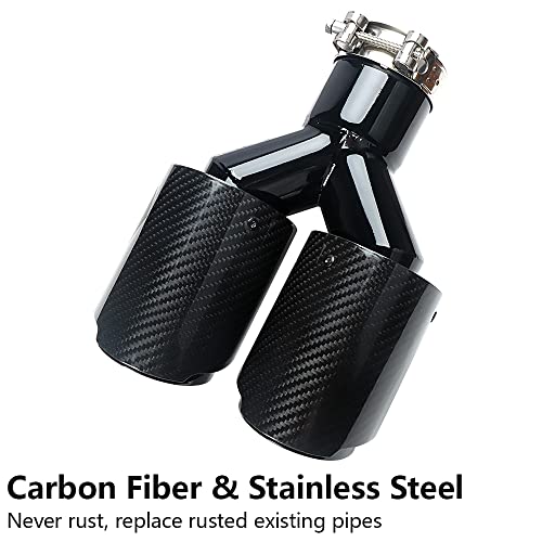 A-KARCK Carbon Fiber Exhaust Tip 2.5" Inlet to Dual 3.5" Outlet, High Temperature Resistance 9.8" Long Stainless Steel Tailpipe tip (Black Pipe and Black Shell) - style: Black & Black Shell