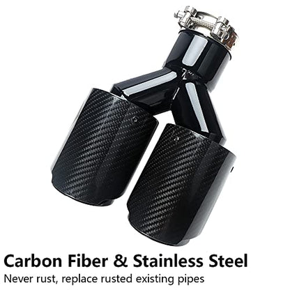 A-KARCK Carbon Fiber Exhaust Tip 2.5" Inlet to Dual 3.5" Outlet, High Temperature Resistance 9.8" Long Stainless Steel Tailpipe tip (Black Pipe and Black Shell) - style: Black & Black Shell