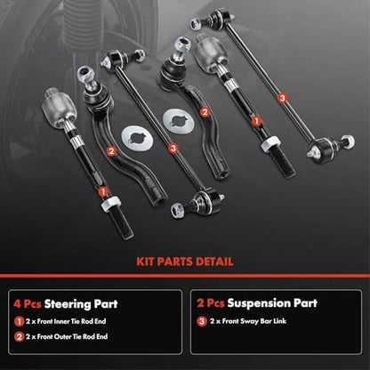 A-Premium 6Pcs Front Suspension Kit, Sway Bar Link, Inner Outer Tie Rod End