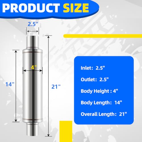 2.5 inch Universal Mufflers Single Chamber, 2.5” Center In /2.5” Center Out, 21" Overall Length Straight-Through Mild Steel Performance Muffler, Suitable for Cars and Trucks(2.5''Inlet/Outlet) - color: Center In / Center Out, size: 2.5''