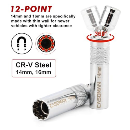 CASOMAN 10PCS 3/8"Drive Magnetic Spark Plug Socket Set, 6PT&12PT, Include Extension Bar, Universal Joint & Spark Plug Gapper, CR-V Steel - size: 10-Piece Set with Accessory