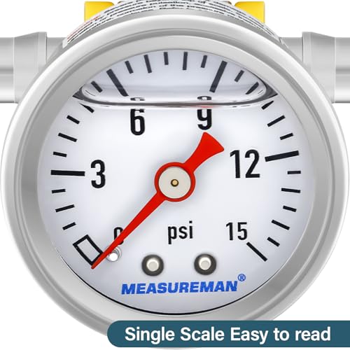 MEASUREMAN 0-15 Psi Glycerin Filled Fuel Pressure Gauge, 1.5” Dial, 304 Stainless Steel Case, 1/8” NPT Center Back Mount, with 3/8” Fuel Line Adapter, Copper Tube & Fittings, Red Aluminum Pointer - size: 0-15 psi, style: Back Mount (7 Pieces Kit)