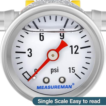 MEASUREMAN 0-15 Psi Glycerin Filled Fuel Pressure Gauge, 1.5” Dial, 304 Stainless Steel Case, 1/8” NPT Center Back Mount, with 3/8” Fuel Line Adapter, Copper Tube & Fittings, Red Aluminum Pointer - size: 0-15 psi, style: Back Mount (7 Pieces Kit)