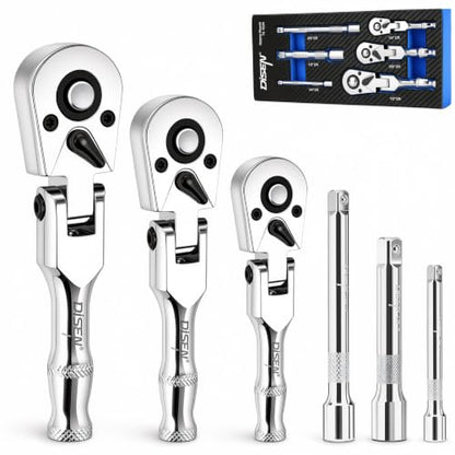 DISEN 6PCS Flex-Head Stubby Ratchet Set – 1/4", 3/8", 1/2" Drive Ratchet - color: 72t Flex-head Ratchet 3pcs