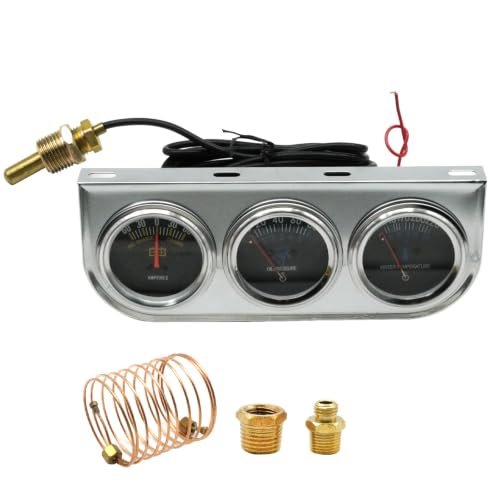 EATAKWARD 2'' 52mm Chrome Triple Gauge Set, 12V DCCar Triple Gauge Kit, Fahrenheit Water Temperature Temp Gauge Ammeter Gauge Set