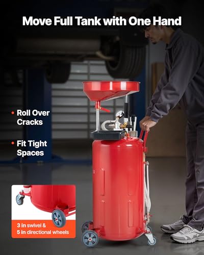 VEVOR 21 Gallon Waste Oil Drain Tank, Air Operated Portable Oil Drainer with Adjustable Funnel Height, Industrial Fluid Drain Tank with Wheels, Fluid Fuel Transfer Drainage for Auto Repair Shops, Red - size: 20.1 x 20.1 x 66.1 in