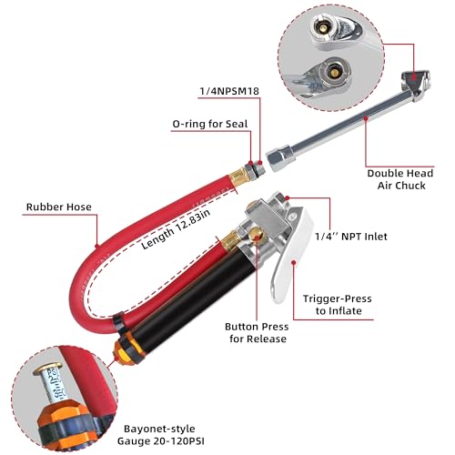 Bayonet-Style Tire Inflator with Pressure Gauge, 20-120 PSI, 1/4’’ NPT Inlet - size: 1/4'' NPT inlet